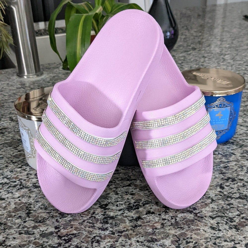 Adidas Adilette Custom Swarovski Style Crystal Slides Size 5 💎